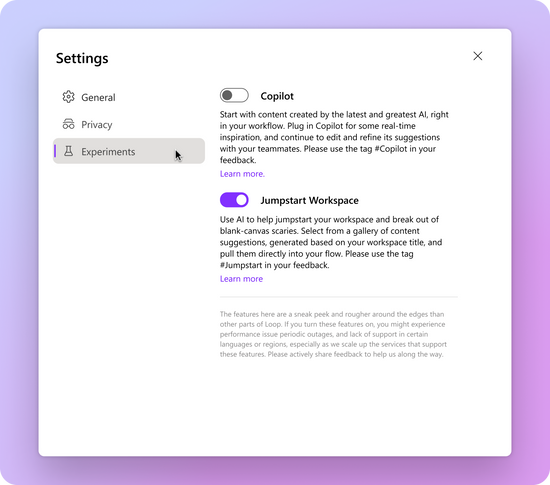 An image of the Experiments tab within the Loop app settings providing toggles to enable or disable Copilot and Jumpstart Workspace.