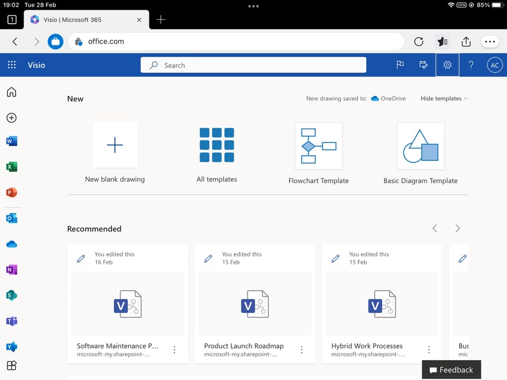 An image of Visio for the web shown on an iPad device demonstrating how users can access their Visio files.