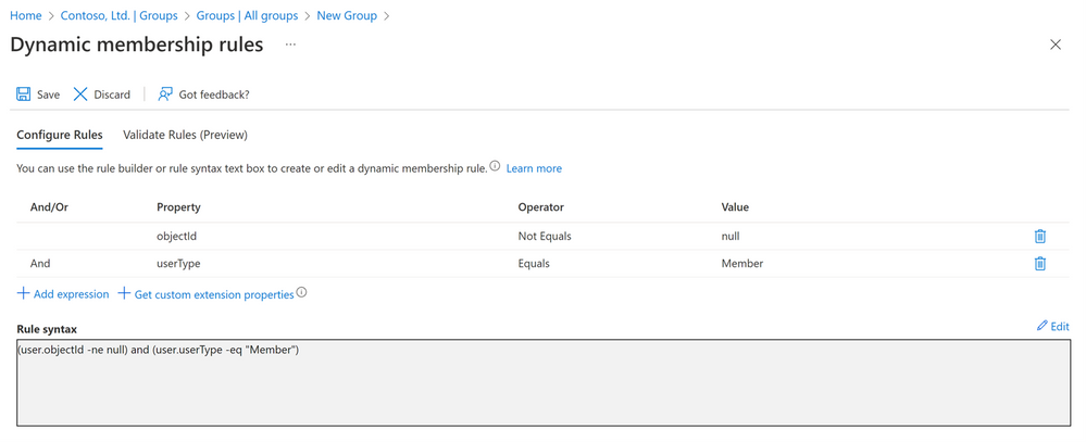 An image demonstrating the configuration of Dynamic membership rules in the Azure portal.