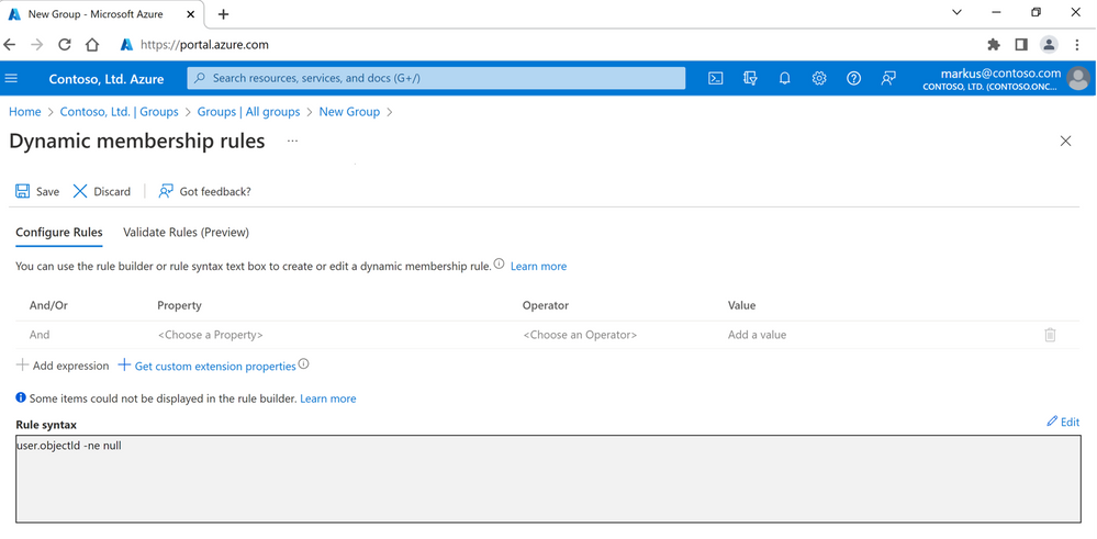 An image demonstrating how to create a Dynamic membership rule for a new group in the Azure portal.