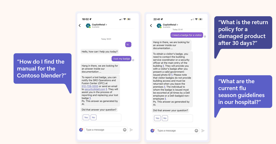 An image demonstrating examples of copilot prompts retail frontline workers input on the Microsoft Teams mobile app.