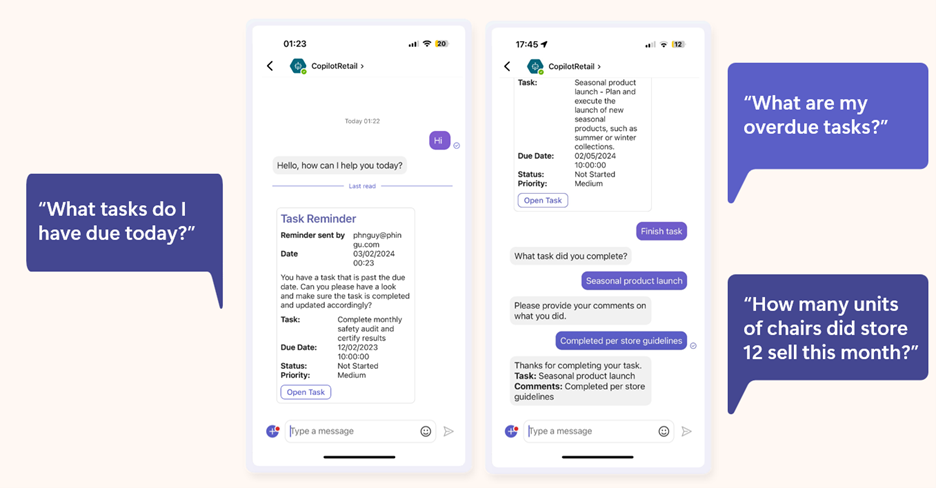 An image demonstrating how copilot can automate common workflows like task management in the Microsoft Teams mobile app.