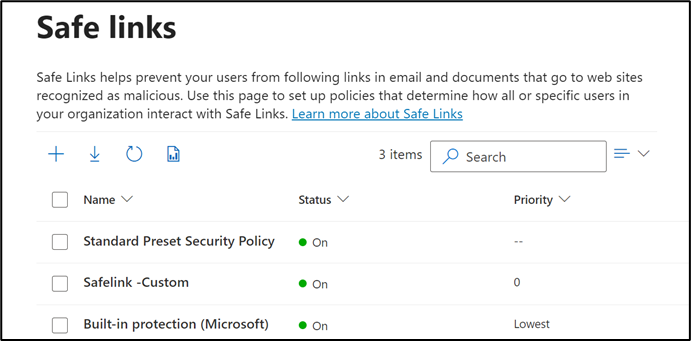 Figure 1: Safe Links policies screen in the Microsoft Defender XDR portal