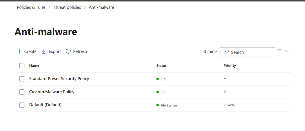 Figure 6: Anti-malware policies screen in the Microsoft Defender XDR portal