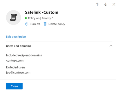 Figure 2: Safe Links policy details and exclusions in the Microsoft Defender XDR portal