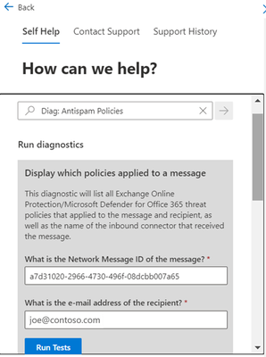 Email Threat Policy Diagnostic in Microsoft Defender XDR portal – input and results.