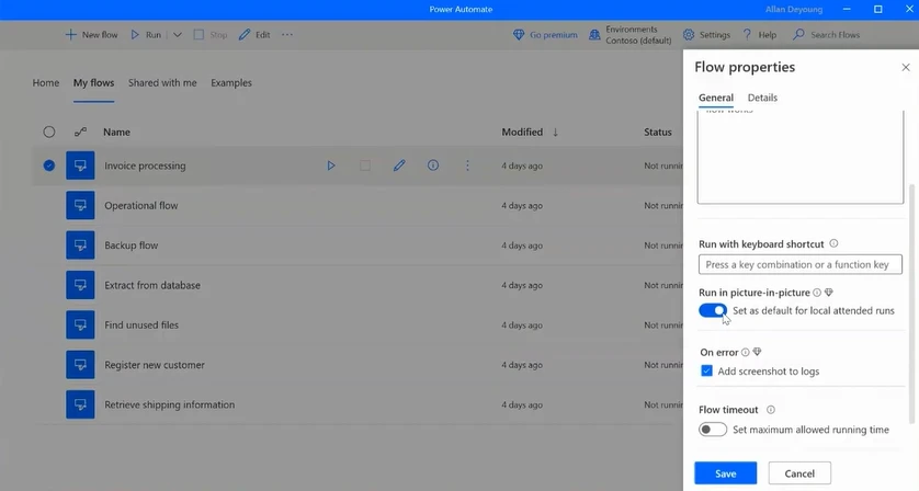 Enable the Run in picture-in-picture flow property to ensure your flow always operates in this mode