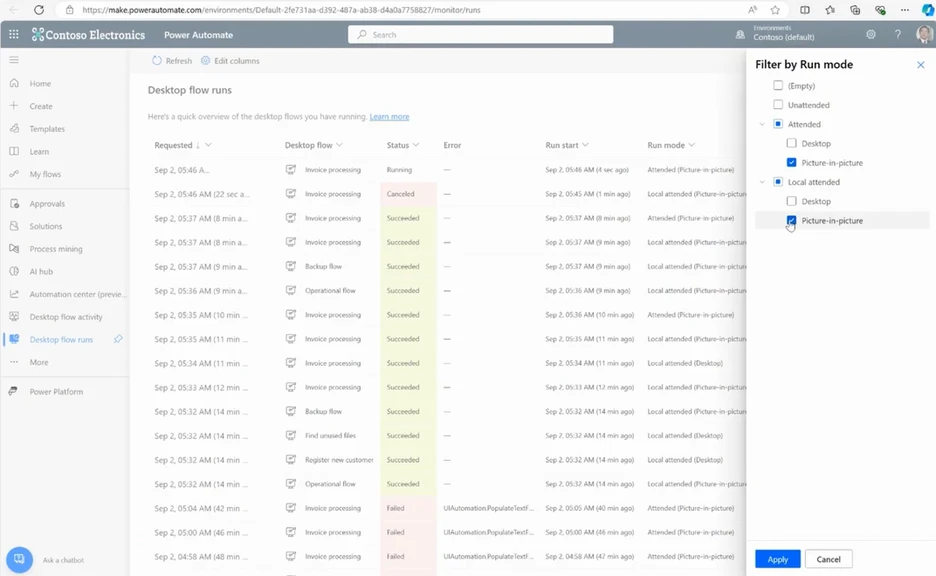 To supervise the flow executions in picture-in-picture mode, navigate to desktop flow runs in the portal and apply a filter by run mode.