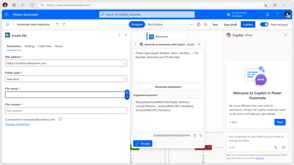 UI of cloud flows designer in Power Automate where a user has entered text in the "Generate an expression with Copilot" field and has a suggested expression.