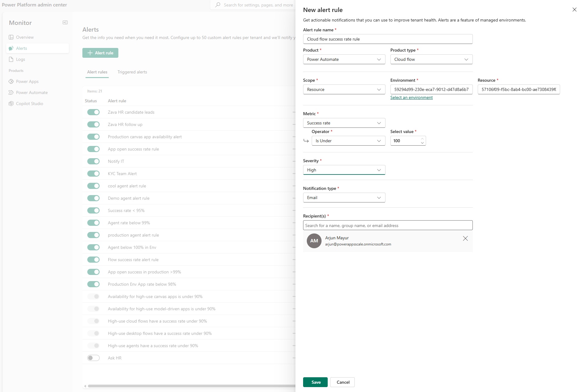 This image shows the alert configuration panel in Monitor, where admins can create their own custom alert rule to proactively monitor the resources they care about against health thresholds they define. 